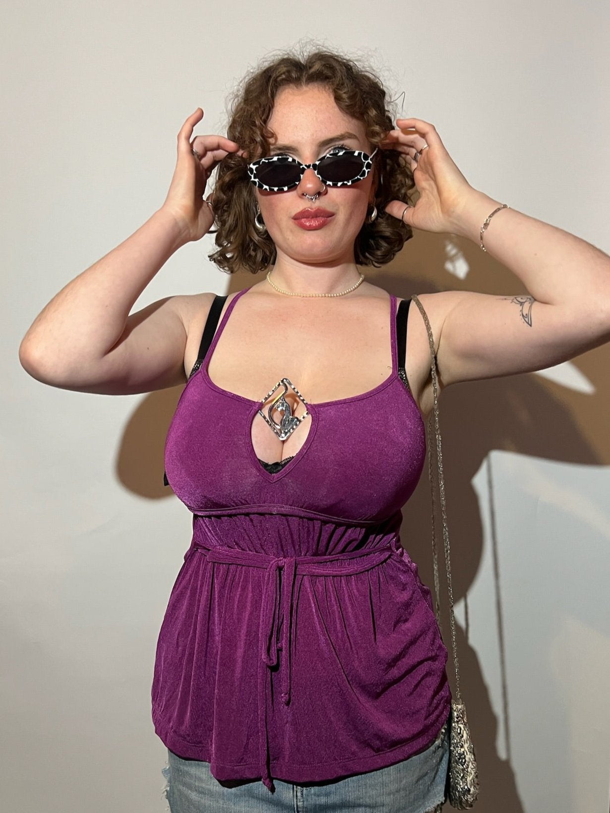 A088: “baby cakes you just don't know know” | Y2K baby phat purple logo hardware detail cami