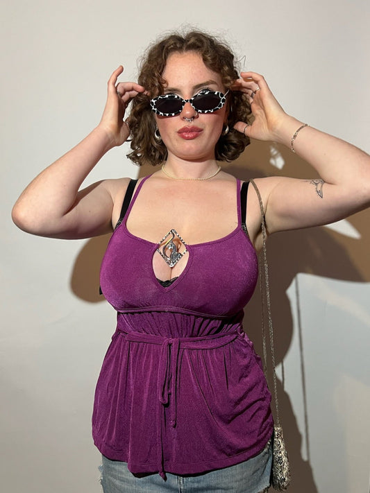 A088: “baby cakes you just don't know know” | Y2K baby phat purple logo hardware detail cami