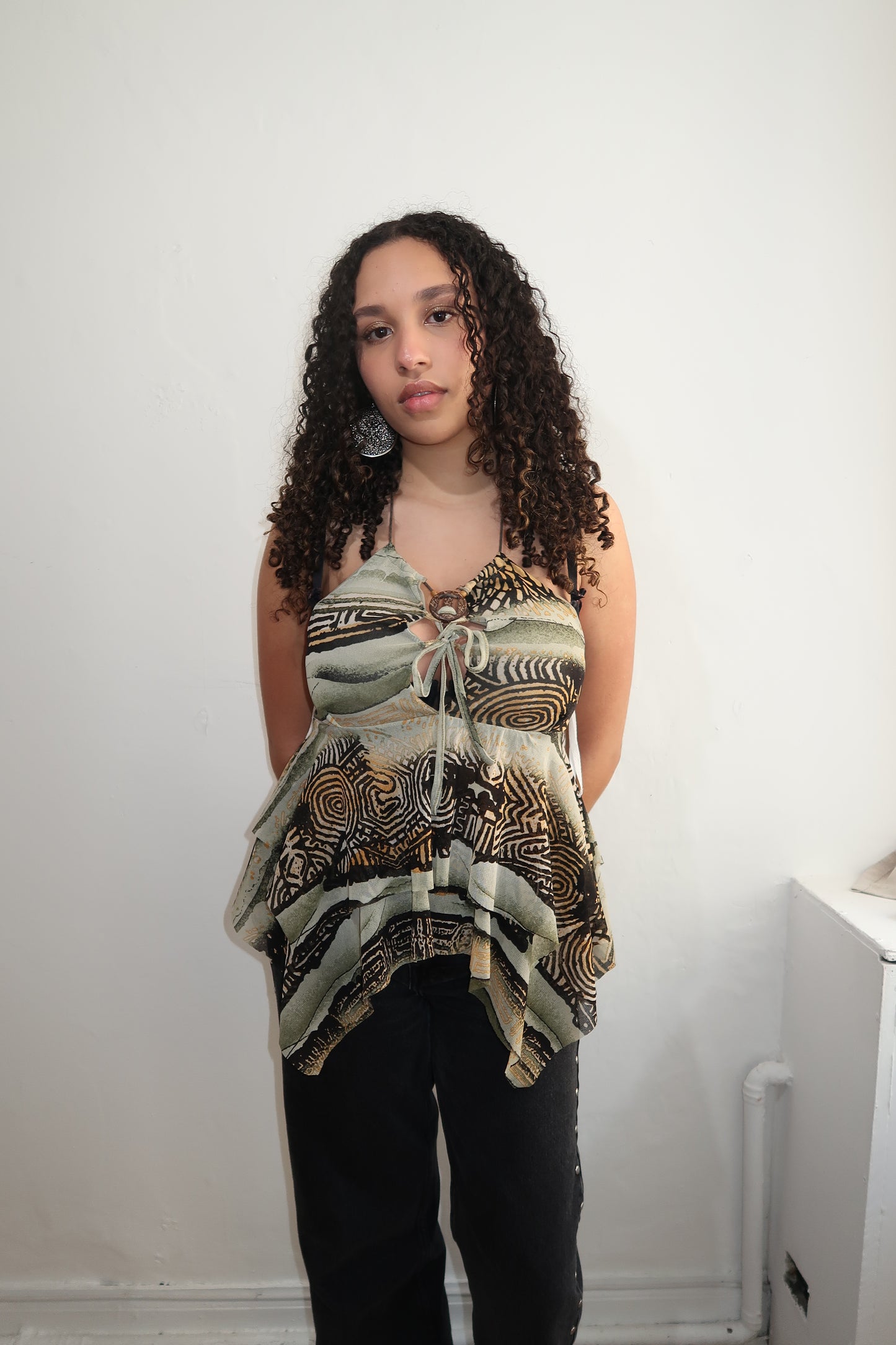 A003: “wicked wicked jungle is massive” | Y2K abstract hanky hem cami - sage multi