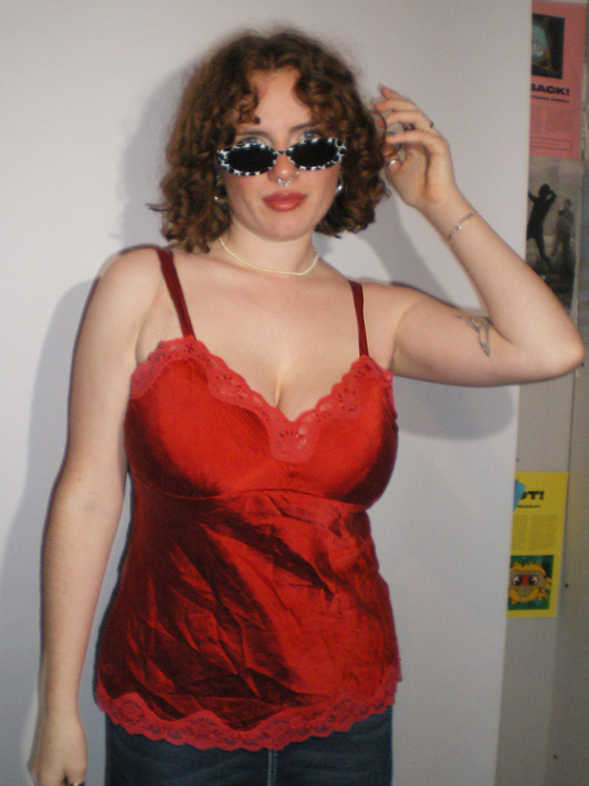 A089: “lady in reeddd” | vintage 100% silk lace trim cami - ruby red