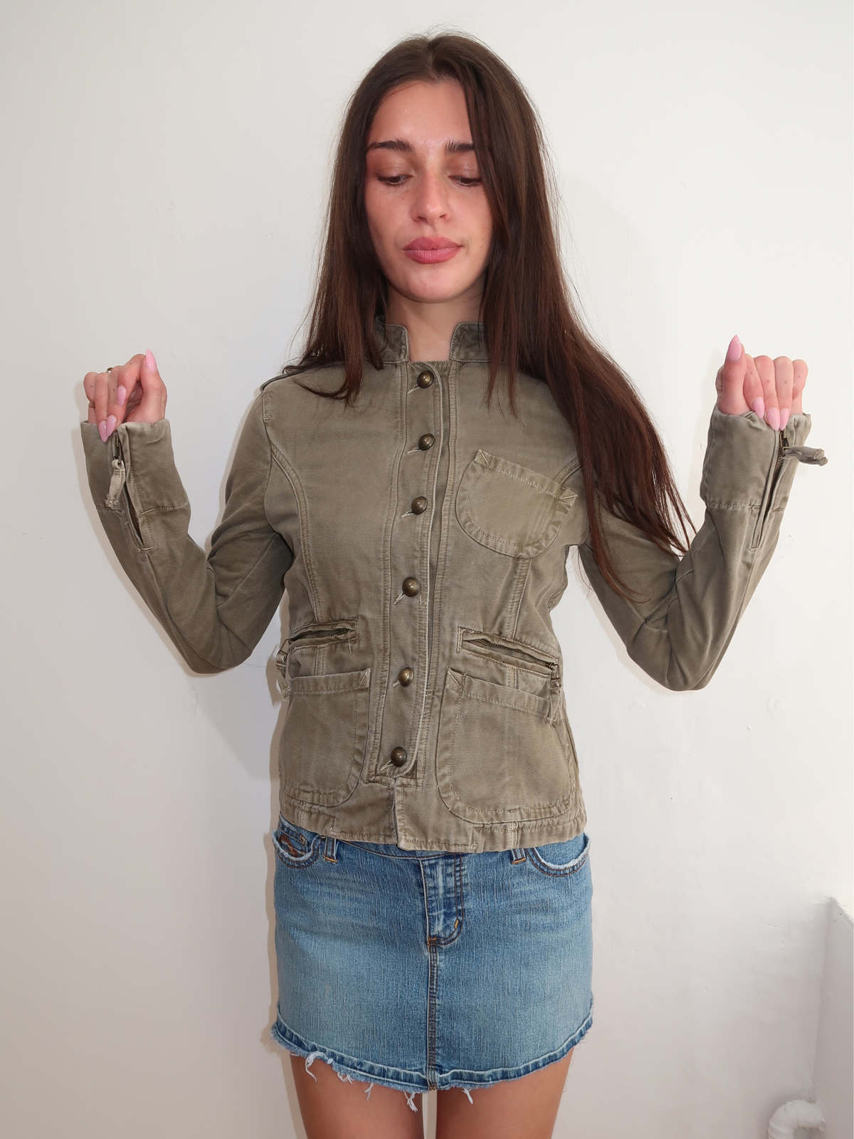 model wears  fight 4 this luv khaki military jacket