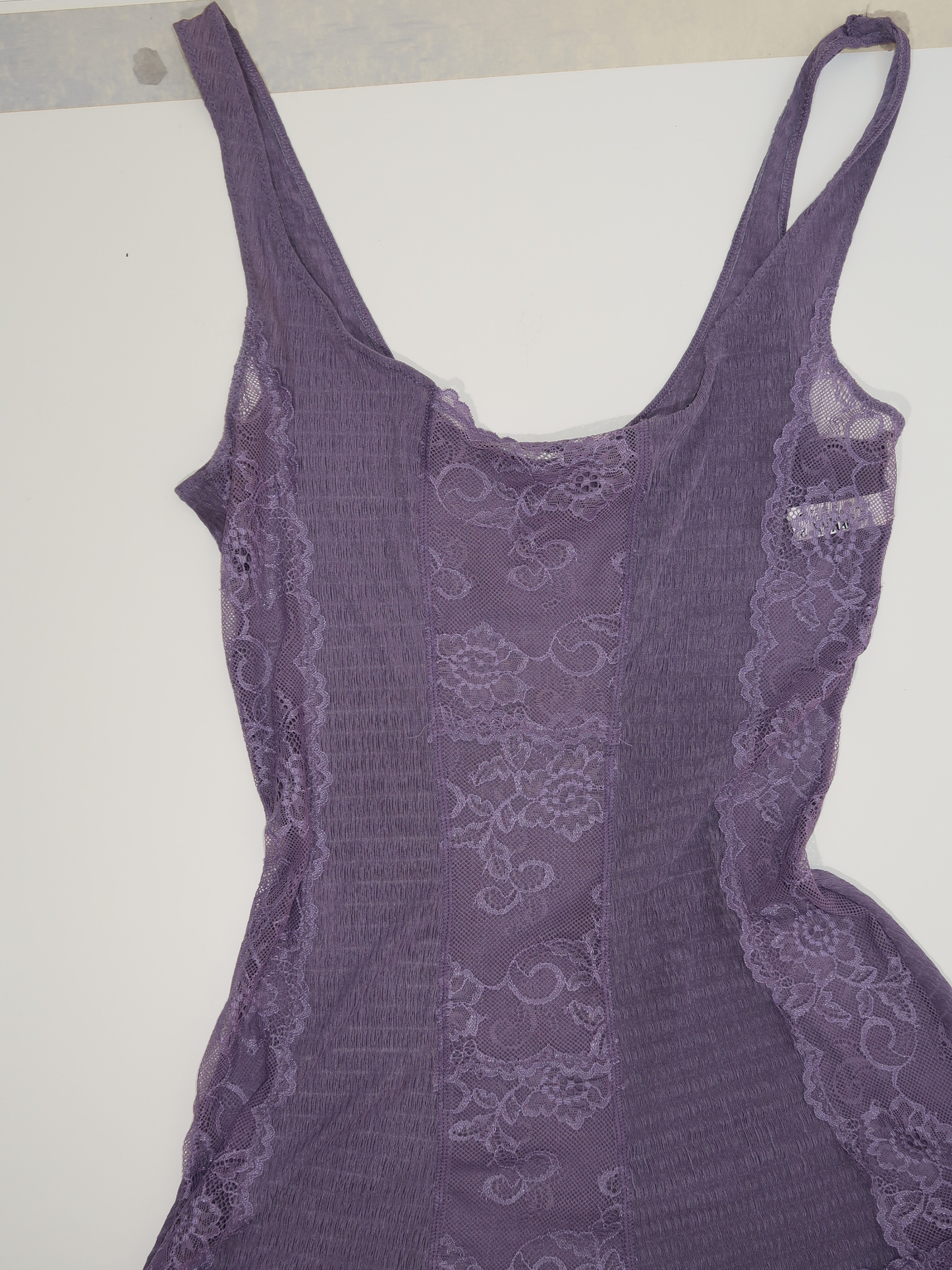 A030: “away with the fairies” | dusk purple sheer mini dress with lace panelling