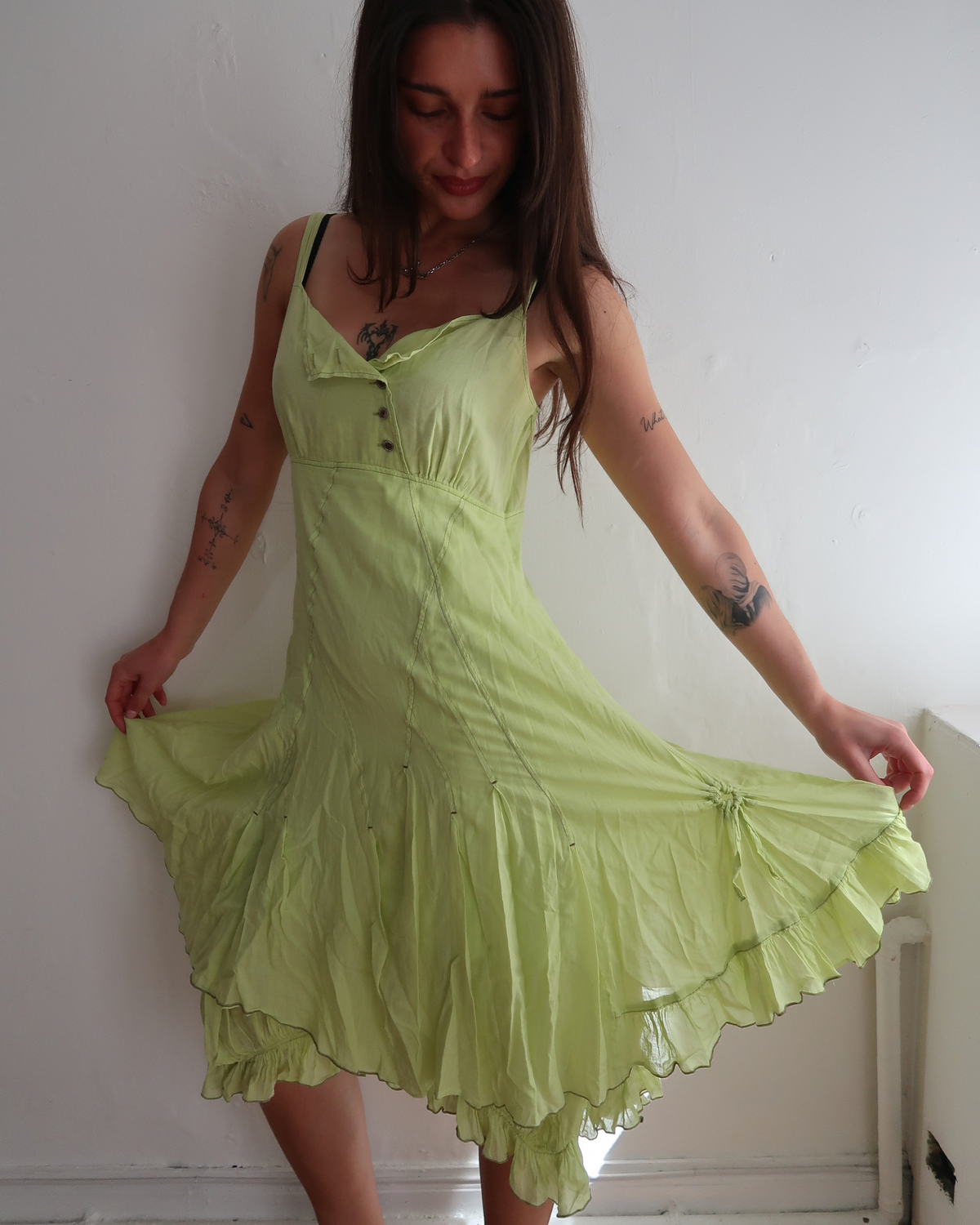 model wears  pistachio whimsey goth fairy midi dress