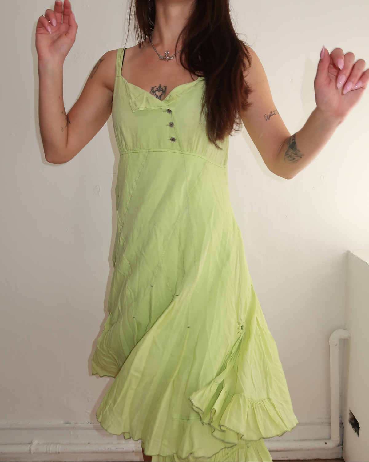 model wears  pistachio whimsey goth fairy midi dress