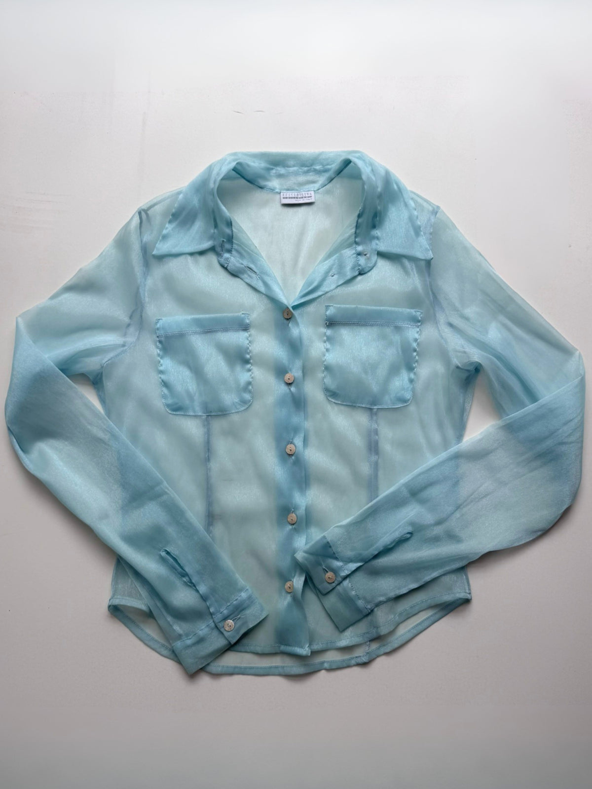 A078 "you're a v*rgin who can't drive" | sheer metallic ice blue shirt