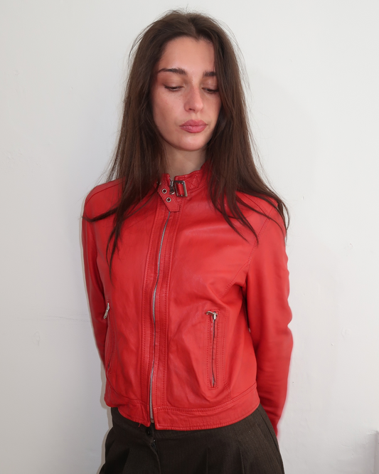 model wears tyler durden red leather jacket